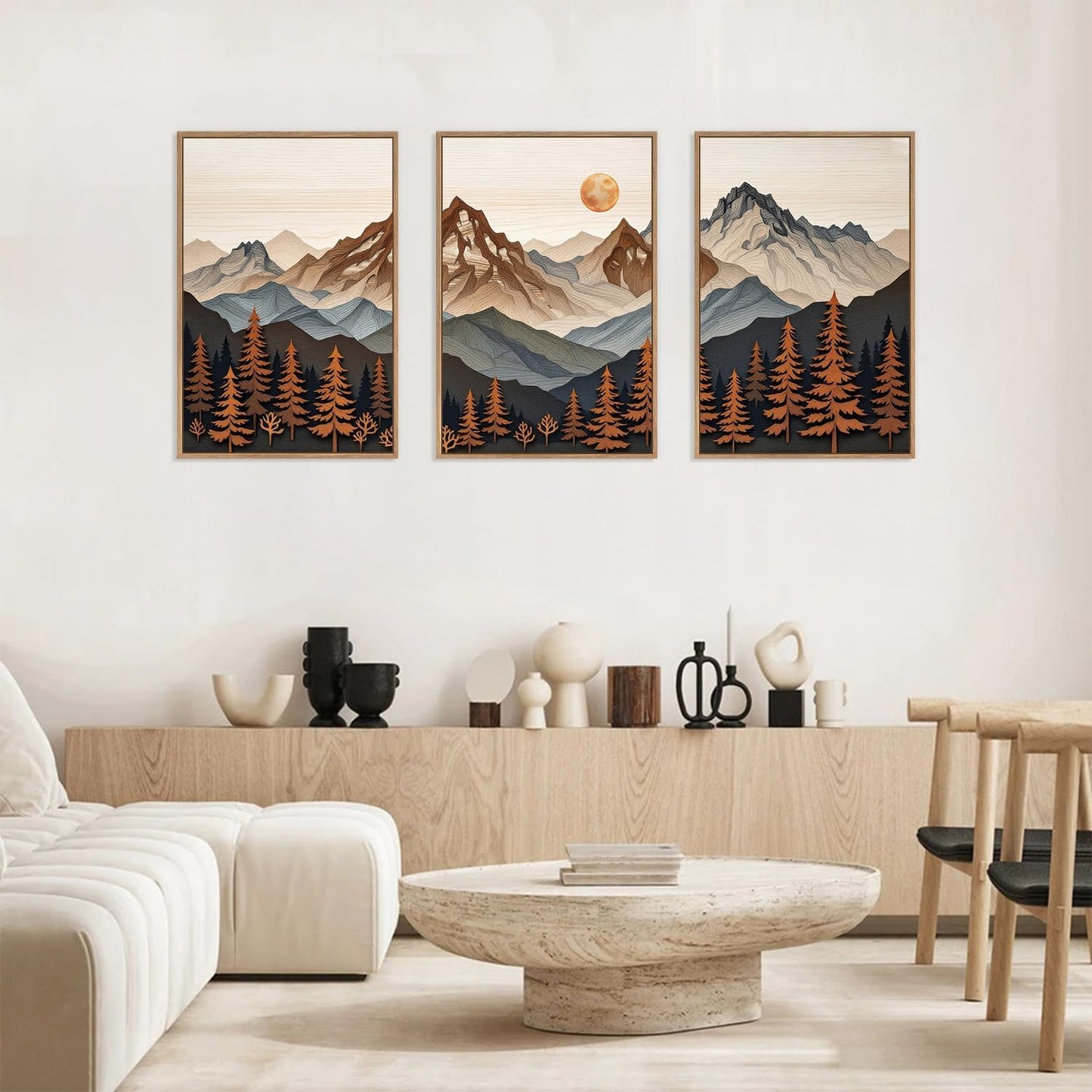HLNIUC Large Boho Mountain Framed Canvas Wall Art Set,Woodcut Style Mountain Wall Decor,Vintage Forest Pine tree Art Prints,Nature Sunrise Landscape Wall Painting for Living Room,Bedroom - 16”x24”x3