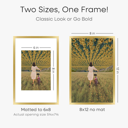 Homeforia 8x12 Picture Frame Gold, High End Metal 8 x 12 Poster Frames with Mat 6 by 8 for Photo, 12x8 Frame Matted to 6x8 inch Print, 8by12 Wall or Tabletop Frames, Tempered Glass, Wall Kit, Set of 1