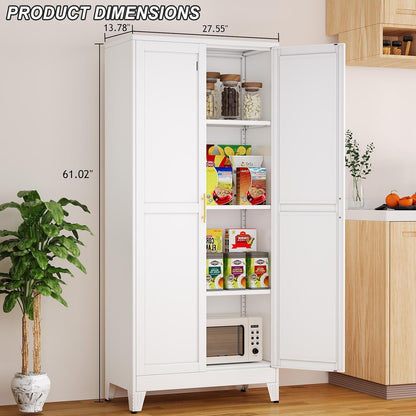 Metal Pantry Cabinet with 2 Doors and Adjustable Shelves - 61" Kitchen Storage Cabinet with Gold Handles - Versatile Storage for Kitchen, Bathroom, Dining Room, Utility Room - White