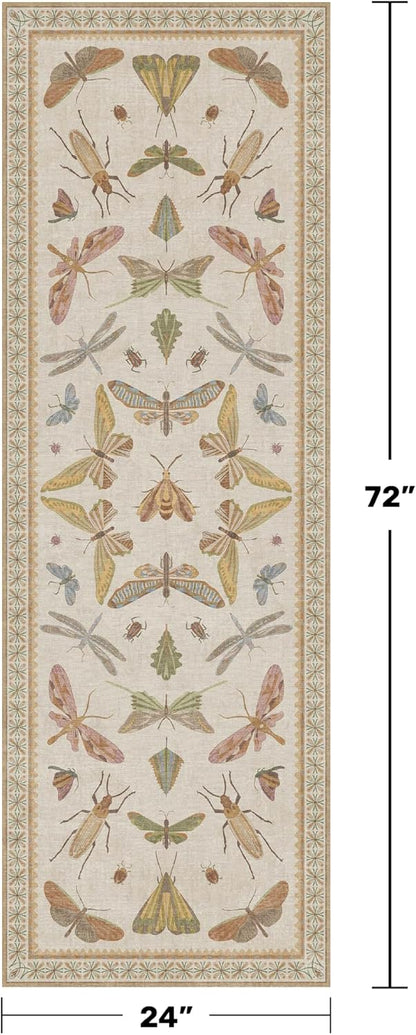 Boho 2x6 Bathroom Runner - Long Rug Runner for Laundry Room, Kitchen, Washable Non Slip Soft Stain Reistant Beige and Yellow Neutral Insect Design Decor