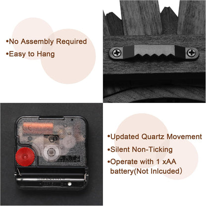 Honiway Wall Clock Battery Operated 12 Inch Rustic Wooden Boho Sunburst Decorative Wall Clock Silent Non-Ticking Black Wall Decor Clocks for Living Room Kitchen Bathroom Bedroom (Black)