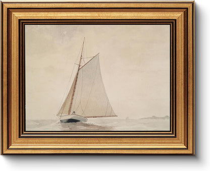 Gold Framed Vintage Wall Art for Living Room, Seaview Painting Prints Shelf Decor for Kitchen, Aesthetic Bedroom Wall Art, Christmas Gifts for Friends or Family (White Sailboat - 8"x10")