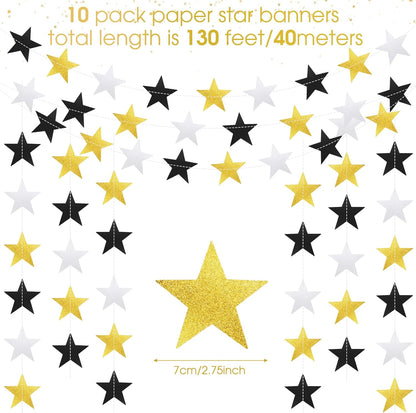 Patelai Glitter Star Garland Banner Decor 130 Feet Star Hanging Bunting Banner Twinkle Backdrop for Homecoming Classroom Wedding Birthday Halloween Christmas Party Supplies(Silver Gold Black)