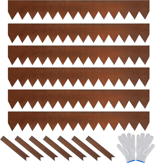 Worth Garden 6 Pack Pre-Rusted Cor-Ten Steel Landscape Edging - 40" L x 5.5" H Each (20ft Total) - No-Dig Hammer-in Heavy Duty 14-Gauge Metal Border w/ 7 Clips & Gloves - Edge for Lawn Yard