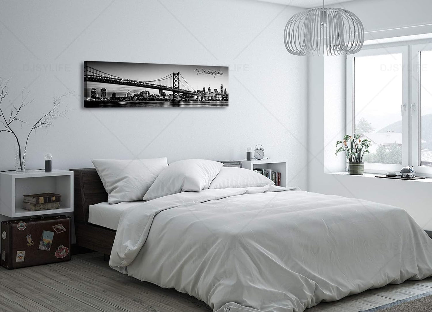 DJSYLIFE- Philadelphia Skyline Wall Art,Black and White Stretched Canvas Wall Art Prints for Bedroom or Office Decoration, Ready to Hang 13.8"x47.3"