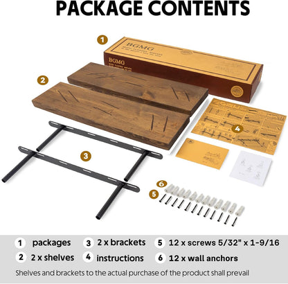 BGMG Floating Shelves 24 inch Long, Distressed,Wide Rustic Wooden Wall Shelves for Bathroom Living Room Bedroom Kitchen Farmhouse Set of 2-24x6.7x1.25 inch-Distressed Walnut