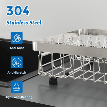 MAJALiS Expandable in Sink Dish Drying Rack - Adjustable Capacity (11.3''-17''L) Stainless Steel Over Sink Dish Drainers Rack for Kitchen Sink with Utensil Holder, Silver