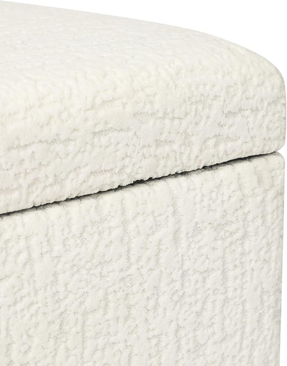 Adeco 18 Inch High Faux Fur White Cube Ottoman Storage, 3D Embossed Velvet Chair Foot Stools, Upholstered Vanity Stool with Hinged Lid, Solid Wood Legs