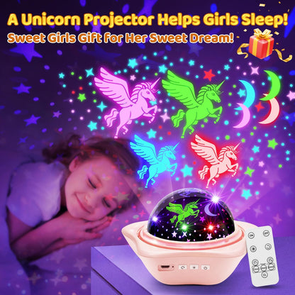 Girls Toys, 【6 Slides+96 Projections】Unicorn Night Light Projector,【Unicorn+Mermaid+Princess】Girls Toys 0-14,Star&Moon Projector for 3 Year Old Girl Gifts, Birthday Gifts,Juguetes para Niñas,Baby Gift