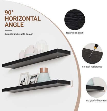 Heimlove 55 Inch Long Floating Shelves for Wall,9.3" Deep Black Floating Shelf Set of 2,Large Display Shelf & Storage Shelf,Wall Mounted Shelves for Bedroom Living Room Kitchen Office