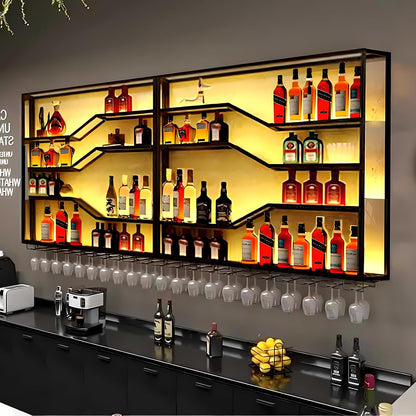 105in Large Wall Mounted Wine Rack with LED Light, 5-Tiers Liquor Bottles Display Shelf with Glasses Holder, Metal Home Bar Shelves with Iron Frame for Kitchen Dining Room (Black, 105in/8.72ft)