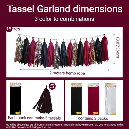 Tassel Garland Tissue Paper Tassel Banner,Tassels Party Decorations for Wedding,Birthday,Bridal/Baby Shower,Pack of 15 (Burgundy/Black/Silver)