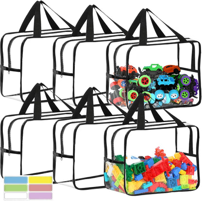 6 Packs Widen X-Large Toy Storage Bags 12.6×9.25×6.9In with Labels, Reusable Clear PVC Board Game Storage, Travel Waterproof Organizer Bags with Zipper for Building Blocks, Puzzle, Stuffed Animals