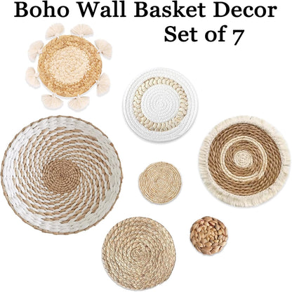 7 Pack Boho Wall Basket Decor - Seagrass Rattan Wicker Wall Decor Round Handmade Hanging Rustic Flat Elegant Wall Art for Farmhouse Living Rooms Bedrooms Display Table Settings Kitchen Home
