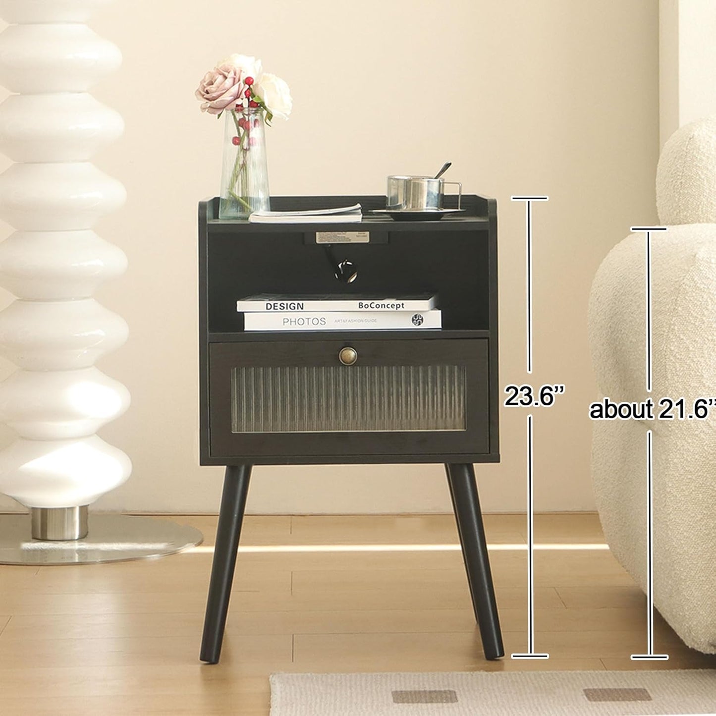 AWASEN Black Nightstand with Charging Station, Modern Bedside Table with Glass Decorative Drawer, Small End Table Side Table with 2 Tiers Storage Space, for Bedroom, Office and Small Space (Black)