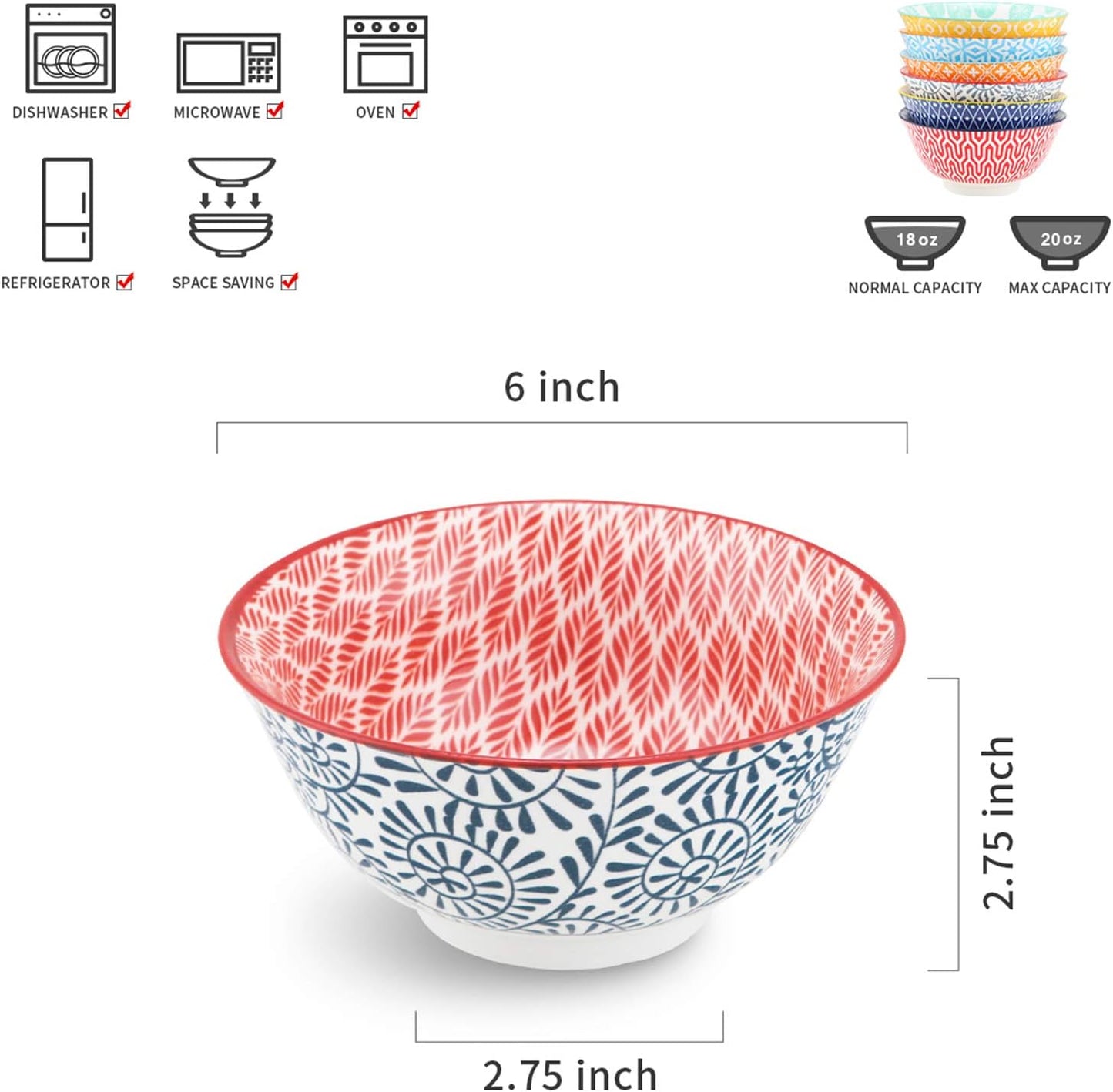 Selamica Porcelain 20oz Cereal Bowl Set - Set of 6, 6 inch Soup Bowls, Ceramic bowls for Cereal, Soup, Salad and Pasta, Colorful bowls