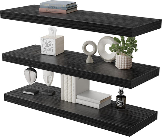 Large Floating Shelves for Wall Set of 3 Wooden Wall Shelves 36 in x 12.75 in x 2 in Room Decor Long Shelf with Invisible Wall Mount Bracket for Bedroom Kitchen Living Room Black Wood