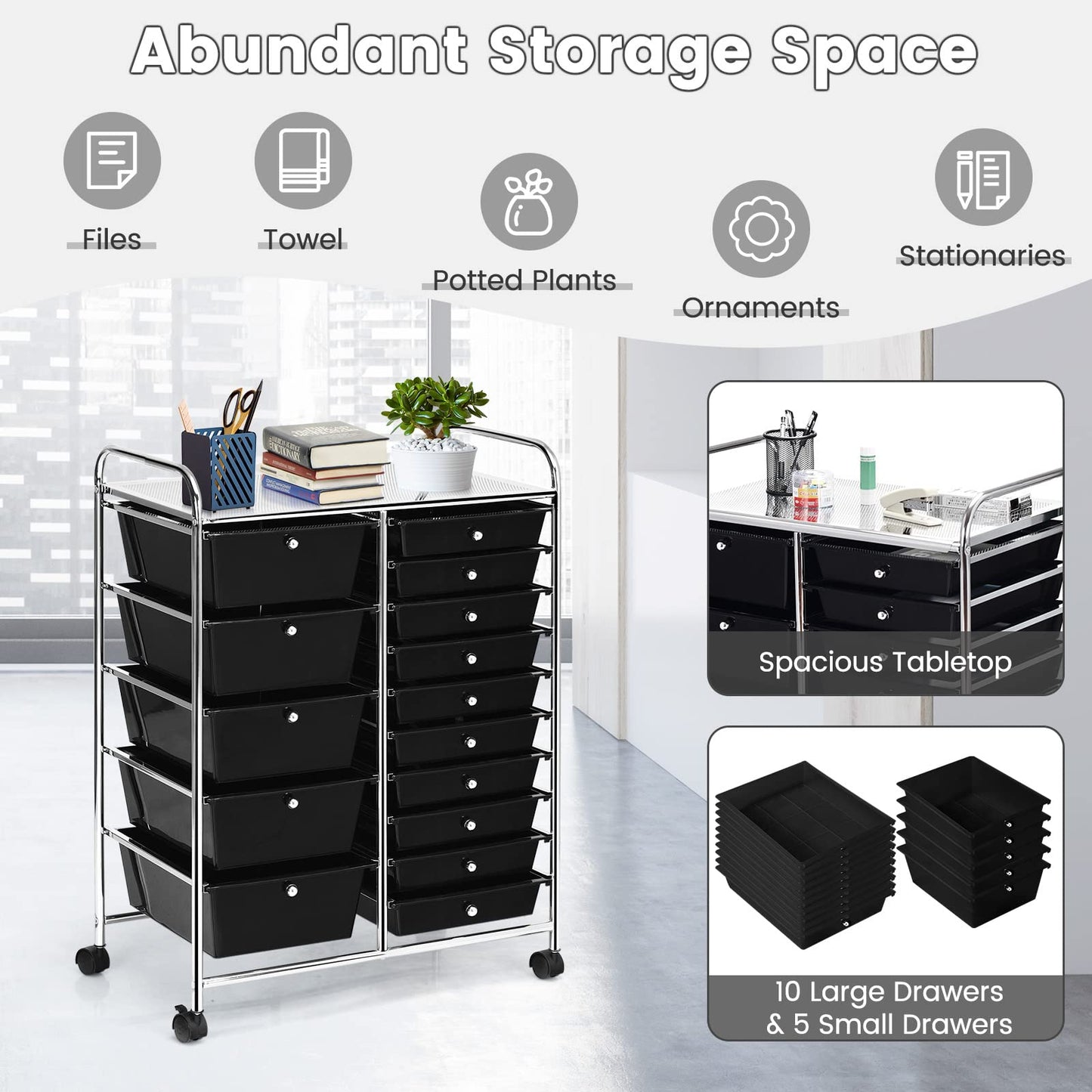 HOMGX Storage Cart with 15 Drawers, 15 Drawer Organizer Trolley, 15 Tiers Storage Trolley, File and