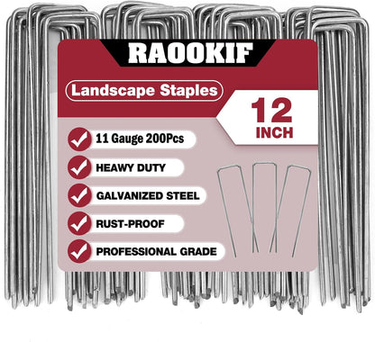 RAOOKIF 12 Inch Galvanized Garden Landscape Staples Stakes, 200Pcs Garden Metal Stakes, 11 Gauge Heavy Duty Ground Stakes for Decoration, Fence Stakes Lawn Stake, Fabric Pins