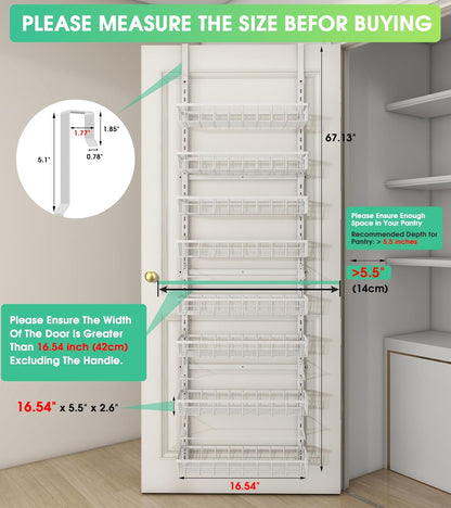 Over The Door Pantry Organizer, Wall Mount Spice Rack, Pantry Hanging Storage and Organization, 8 Adjustable Baskets Heavy-Duty Metal for Home & Kitchen, Back of Door Seasoning Rack - White