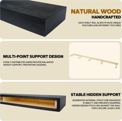 Floating Shelves 3 inch Thick for Wall Set of 2,Solid Pine Wood Wall Mount Shelf for Kitchen Living Room Bedroom Bathroom,8" D x 60" L x 3" H-Black