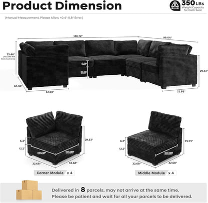 ovios Sectional Sofa Couch with U-Shape Chaise Oversized, Comfy Modular Cloud Couches with Deep Seat, Modern Upholstered Plush Corduroy Sofas Set for Living Room, 7-Seater, Black