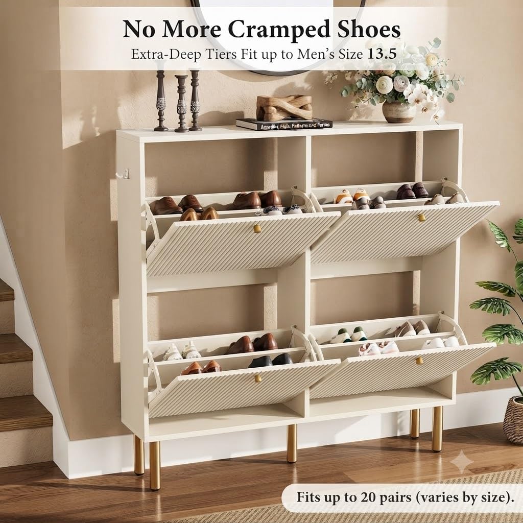 Nicetree White Shoe Cabinet for Entryway, 4 Flip Drawers Shoe Storage Cabinet with Tiered Fluted