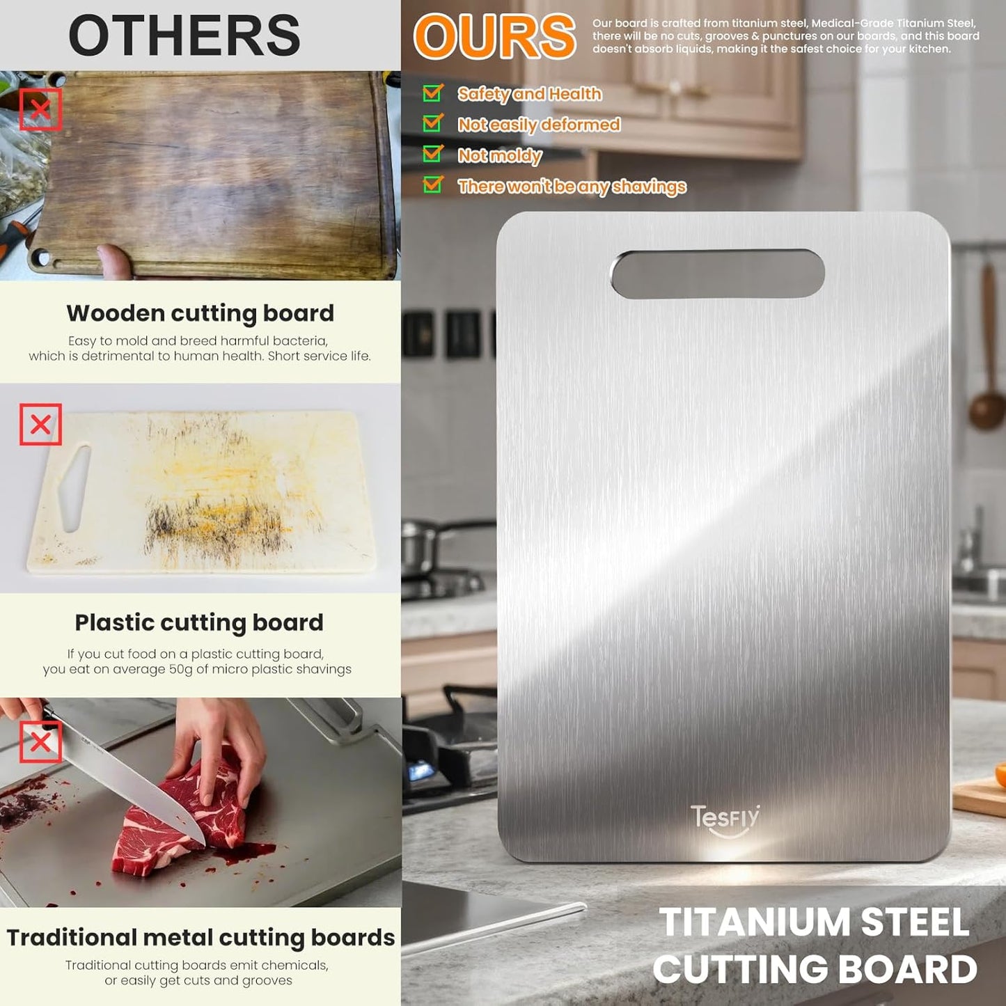 3 Pack Titanium Cutting Board - 100% Pure Titanium Cutting Boards For Kitche,Easy to clean, Double-sided food-grade Cutting Board For Meats, Fruits And Vegetables (M+L+XL)