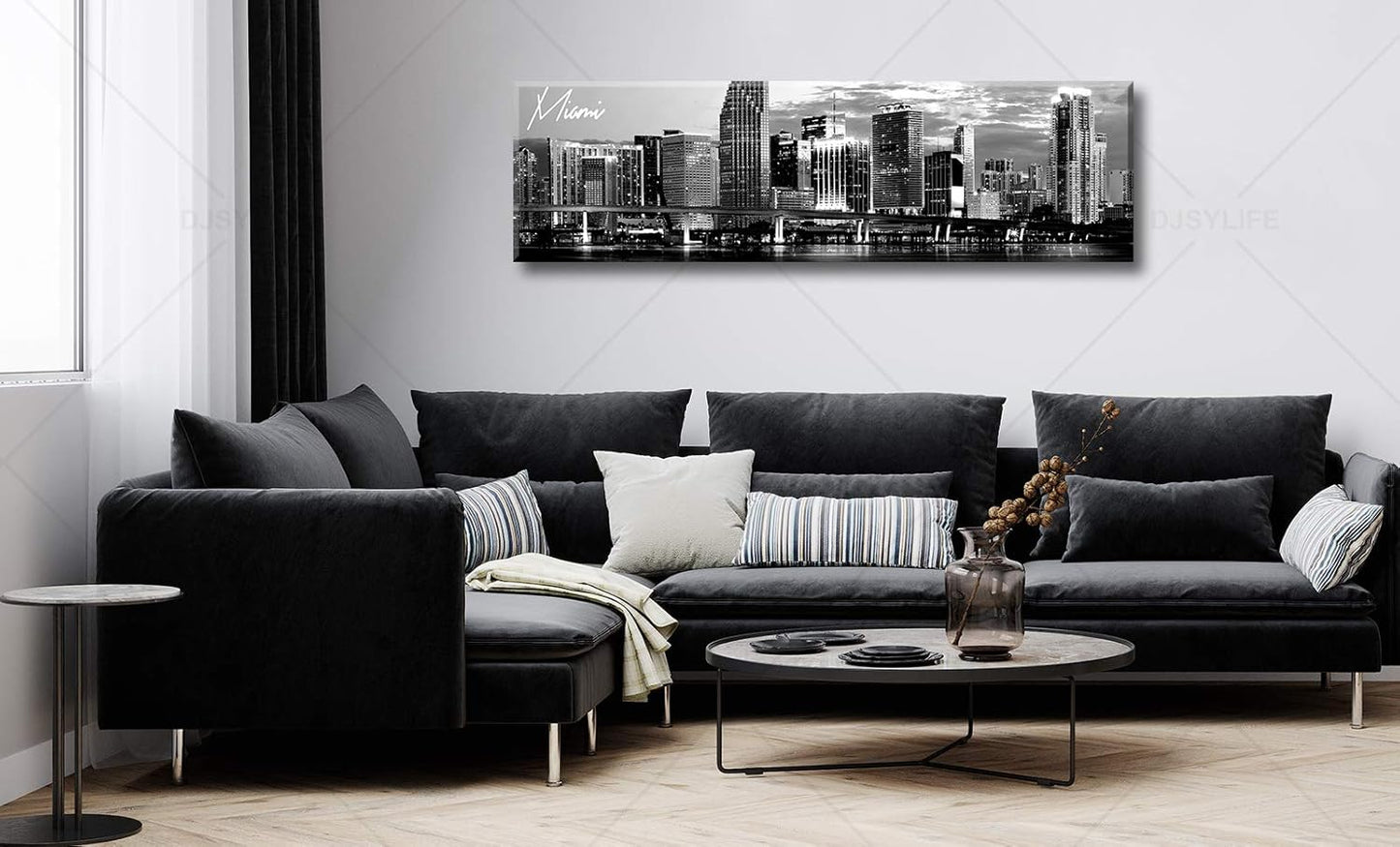 DJSYLIFE Miami Skyline Wall Art Decor Panoramic Cityscape Picture Modern USA City Night View Canvas Prints for Bedroom Office Living Room Decoration Stretched and Framed Ready to Hang 13.8"x47.3"
