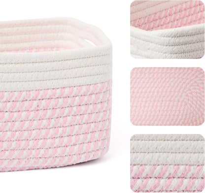Small Storage Baskets for Organizing | Closet Organizer Bins | Shelf Toy Basket | Woven Rope Baskets | Cube Decorative Box | Shallow Basket | 13x8.5x5.1” | 3 Packs White Pink