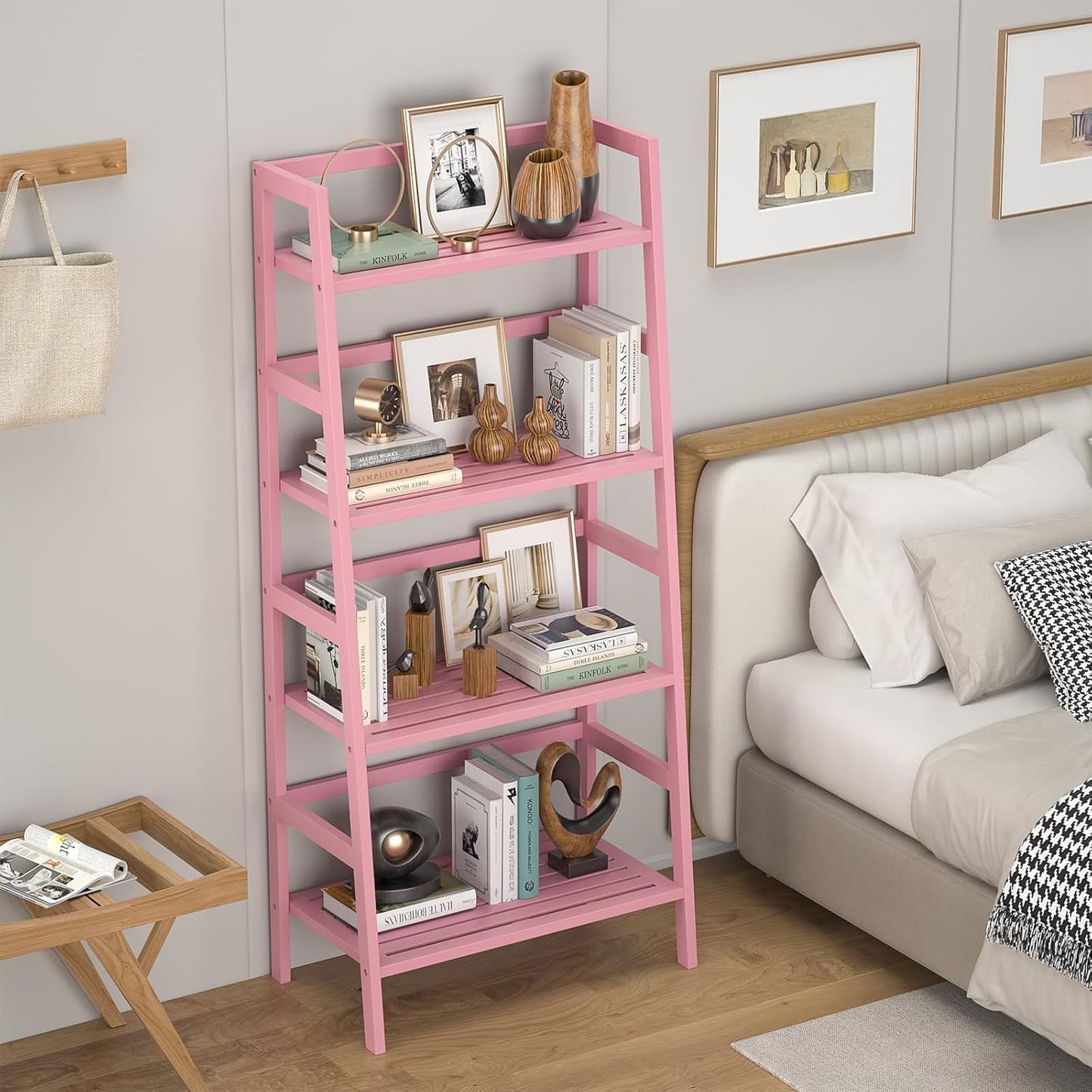 Homykic Bamboo Ladder Bookshelf, 4-Tier Ladder Shelf Open Book Shelf Freestanding Bookcase Bathroom Storage Rack Plant Stand for Living Room, Bedroom, Office, Easy Assembly, Pink