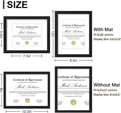 Vittanly 8.5x11 Picture Frames Set of 9, Shatter Resistant Plexiglass, Display 6x8 Pictures with Mat or 8.5x11 without Mat, Photo Frames for Wall or Tabletop, Engineered Wood, Black