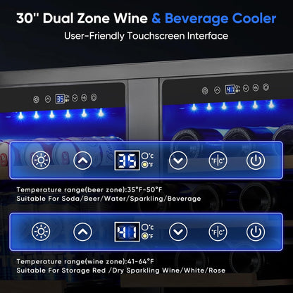 30" Stainless Steel Wine & Beverage Refrigerator - Dual Zone, Built-in/Freestanding with Upgraded Cooling - 30 Bottles & 110 Cans Capacity