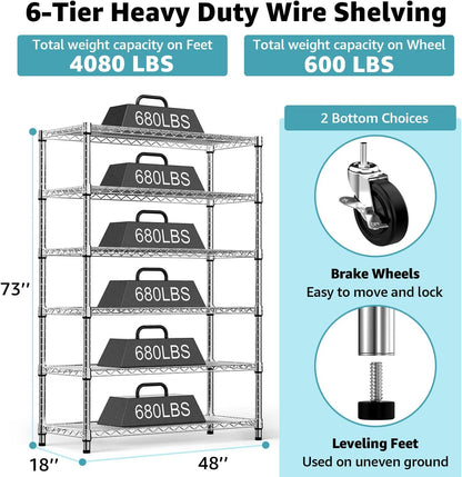 Steel Storage Shelving 6-Tier Utility Shelving Unit with Wheels, Steel Organizer Wire Rack for Home,Kitchen,Office,Garage,17.7" D x 47.2" W x 76.7" H
