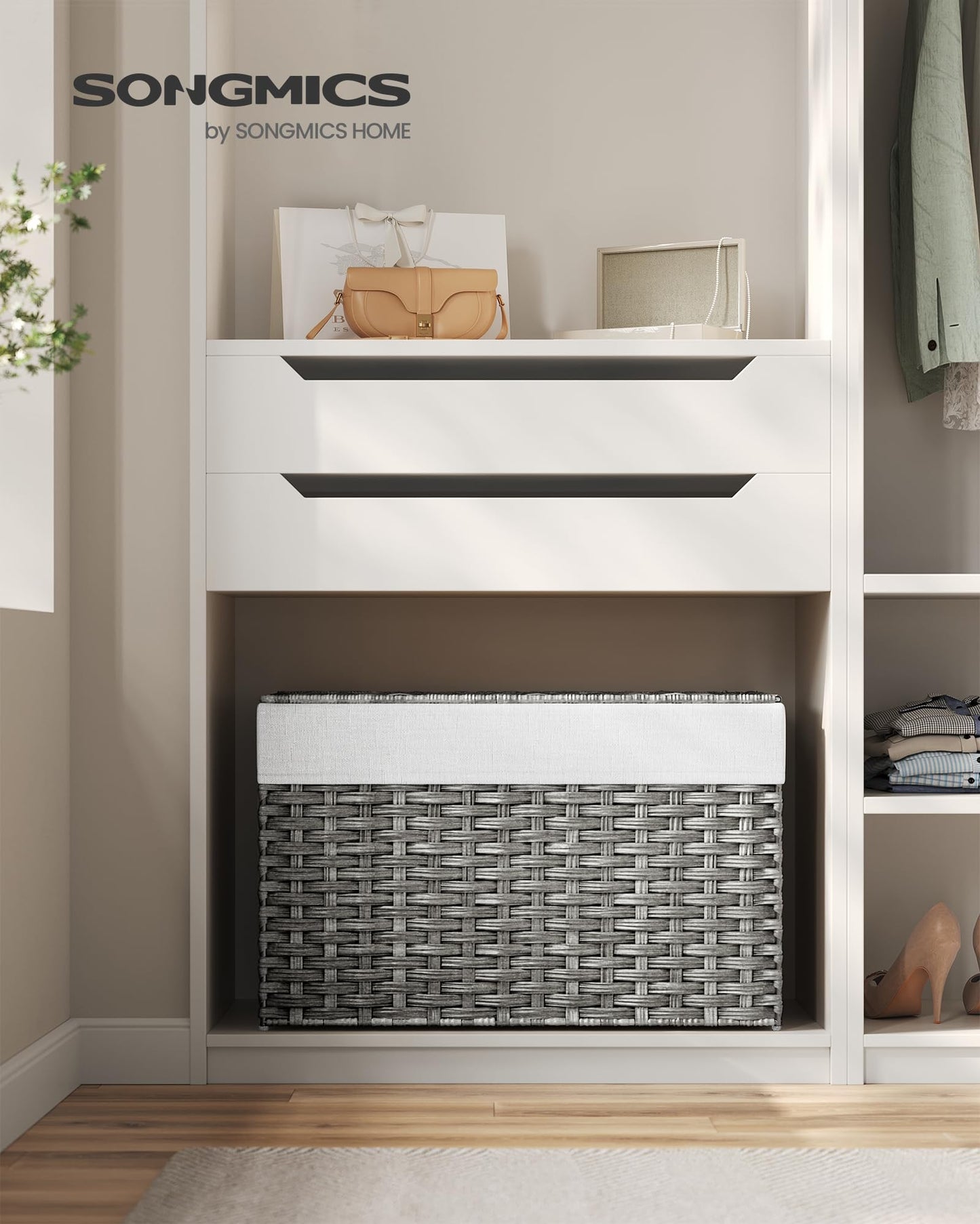 SONGMICS Storage Basket with Lid, Woven Blanket Storage Bin with Handles, Foldable, Removable
