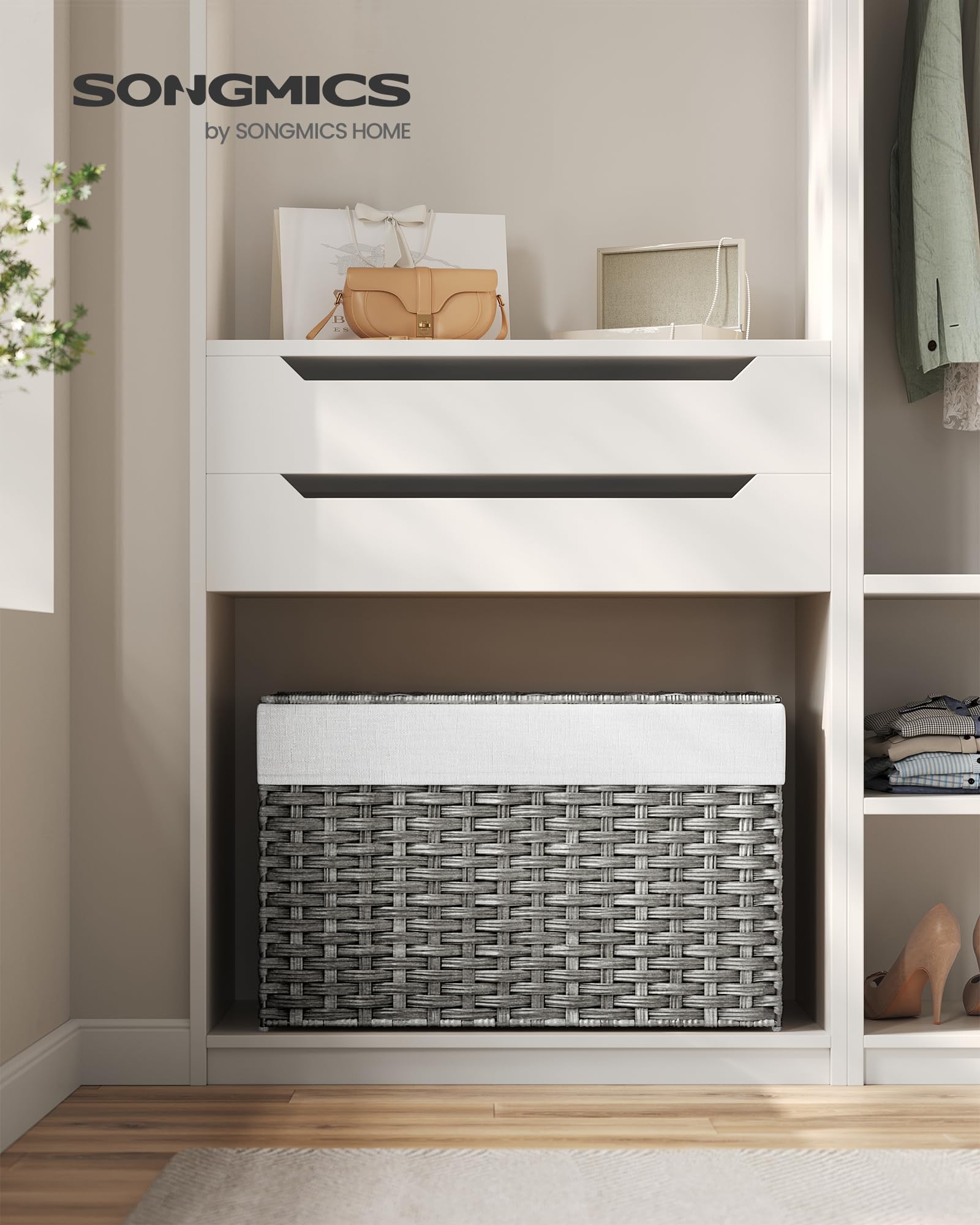 SONGMICS Storage Basket with Lid, Woven Blanket Storage Bin with Handles, Foldable, Removable