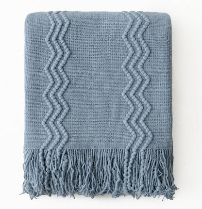 MIULEE Dusty Blue Cozy Knitted Throw Blanket for Couch Textured Knit Blanket with Tassels Woven Acrylic Wave Pattern Boho Blankets for Sofa Bed Chair 50"x60"