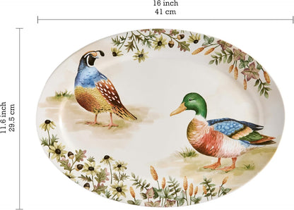 Bico Autumn Birds 16 plus 14 inch Oval Platters Set, Set of 2, Microwave and Dishwasher Safe, for Serving Fish, Chicken, Turkey