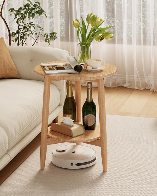 Round End Table,Solid Wood Small Round Table with Lower Shelf,Round Side Table，Nightstand for Small