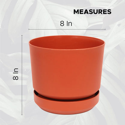 Elly Décor 8 inch Plastic Cylinder Planter Pot with Self-Watering Saucer and Drainage Hole,Lightweight & Extremely Durable, 8"x 8", Terracotta