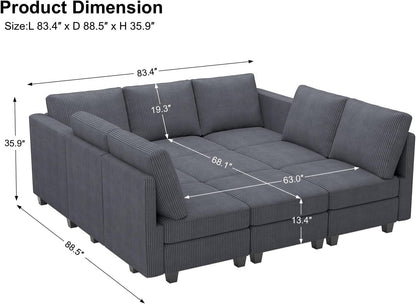 Belffin Corduroy Modular Sectional Sofa 9 Seat Convertible Sectional Sleeper Sofa Bed with Storage Ottomans Modular Sectional Couch Bed for Living Room Dark Grey