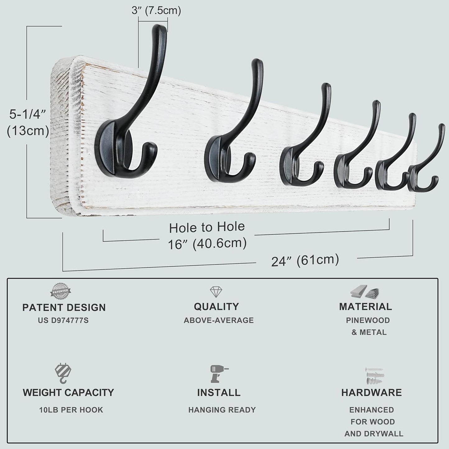 Dseap Wall Mounted Coat Rack: 24" Long, Patented, Heavy-Duty, 6-Double-Hooks Wooden Hanger Rail for Winter Coats, Hat, Jacket, Clothing - White & Black, Pack of 2