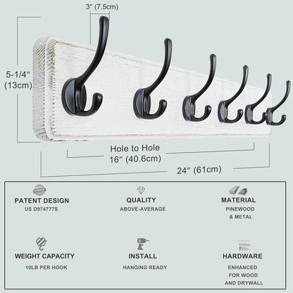 Dseap Coat Rack Wall: 24" Long, Patented, Heavy-Duty, 6-Double-Hooks Wooden Wall Mounted Coat Rack Coat Hanger Hook Rail for Winter Coats Hat Jacket Clothing, White & Black