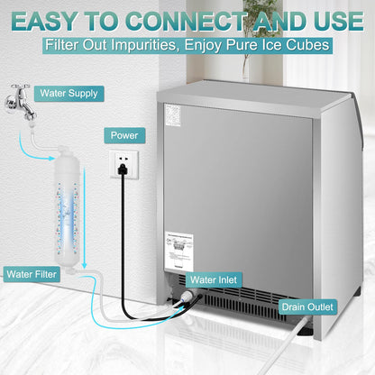 Commercial Ice Maker 260Lbs/24H, Ice Machine 72pcs Ice Cubes, Freestanding Ice Maker Machine with Water Line and Filter, 55Lbs Storage Ice Bin, Stainless Steel Undercounter Ice Maker for Home,Shop,Bar