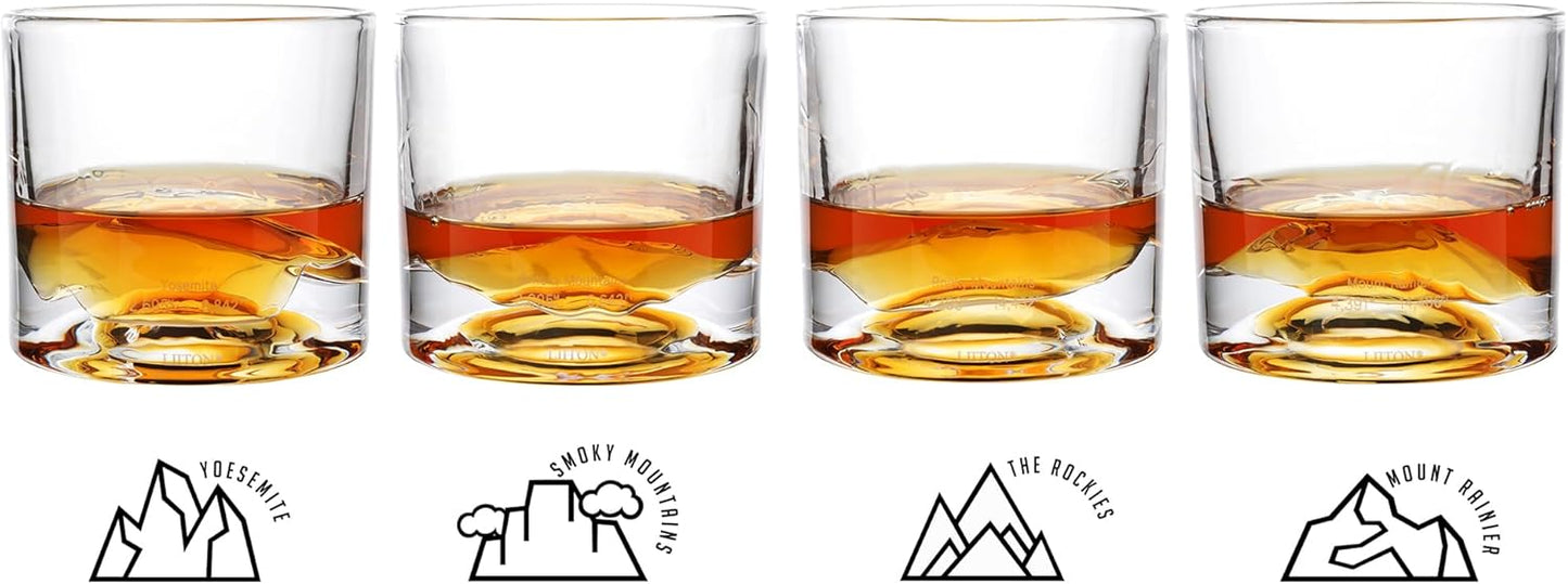 American Peaks Heavy Crystal Whiskey Glasses Gift Set of 4, Thick Freezable Bourbon Glass 1lb Each, Premium Whiskey Gifts for Men, Frozen Crystal Chills Cocktails, 10 oz