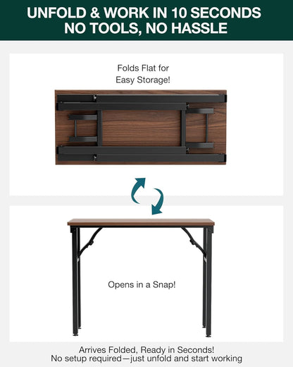 Frylr Small Folding Computer Desk – 35.8 Inch Portable Table for Craft and Study, Lightweight Desk for Small Spaces, Foldable Laptop Table Built-in AC/USB Outlets for Convenience, Dark Walnut