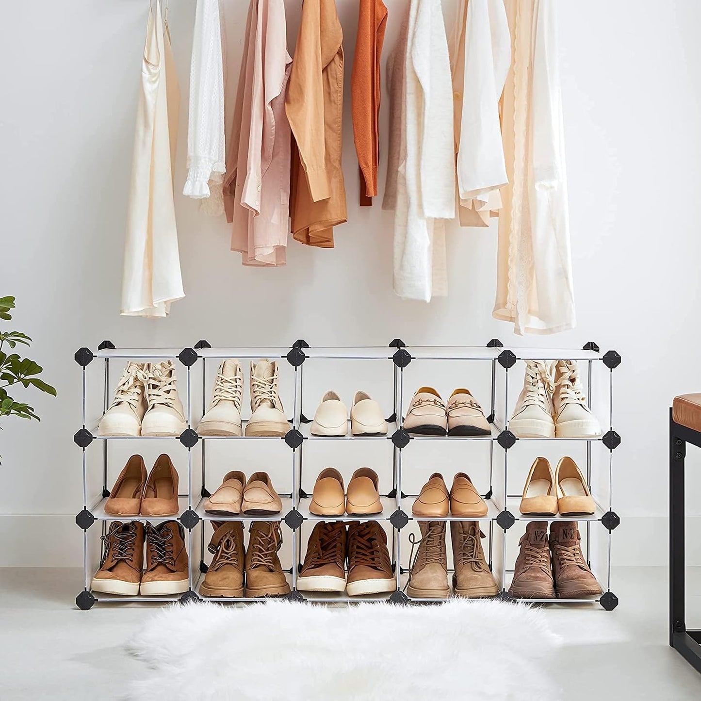 SONGMICS Shoe Rack with 16 Cubes, Interlocking Plastic Shoe Organizer, DIY Storage Cabinet for