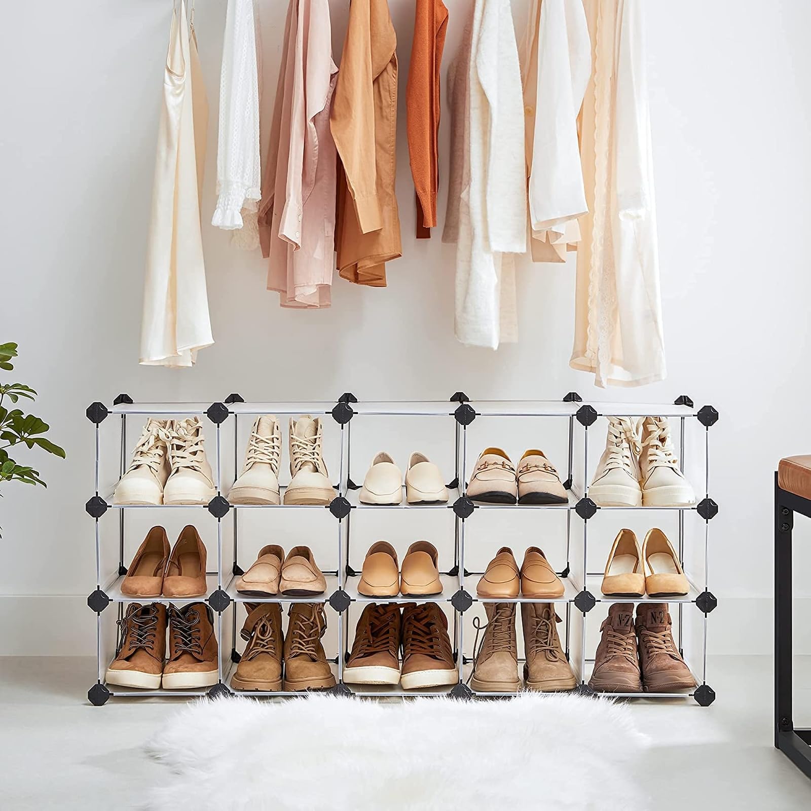 SONGMICS Shoe Rack with 16 Cubes, Interlocking Plastic Shoe Organizer, DIY Storage Cabinet for