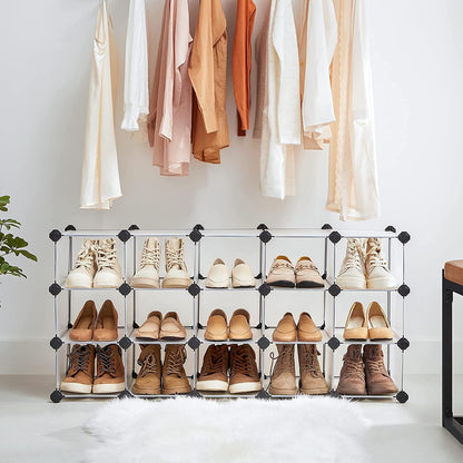 SONGMICS Shoe Rack with 16 Cubes, Interlocking Plastic Shoe Organizer, DIY Storage Cabinet for