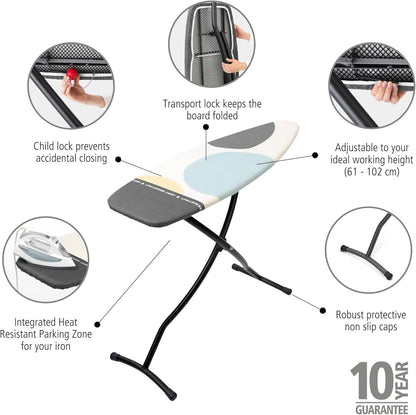 Brabantia Size D Ironing Board (53x18 in) Heat Resistant Parking Zone, Silver Frame, Non-Slip Feet, Suitable for Sit Down Ironing (Spring Bubbles)